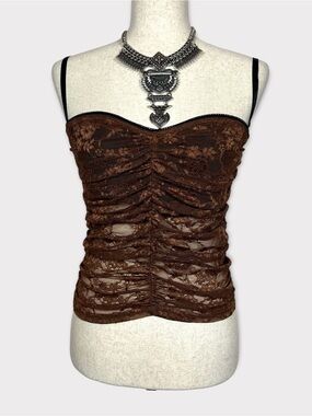 Sheer Lace Ruched Tank‎ Top Large Fairy Grunge Whimsigoth Bratz Festival
